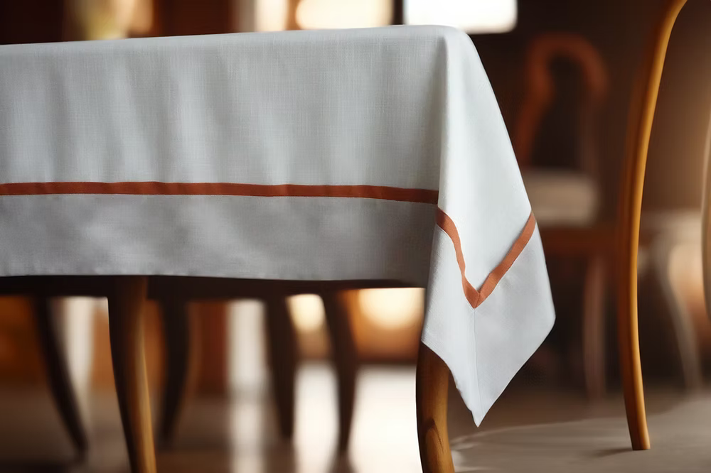 22 Maggio Istanbul Calvino Designer Table Cloth-Tablecloth with a red stripe on a wooden table in a softly blurred room setting
