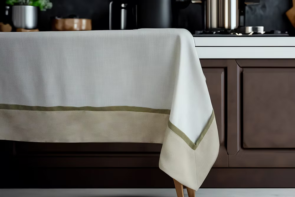 22 Maggio Istanbul Cavalcanti Designer Table Cloth-Beige tablecloth with green trim on a kitchen table