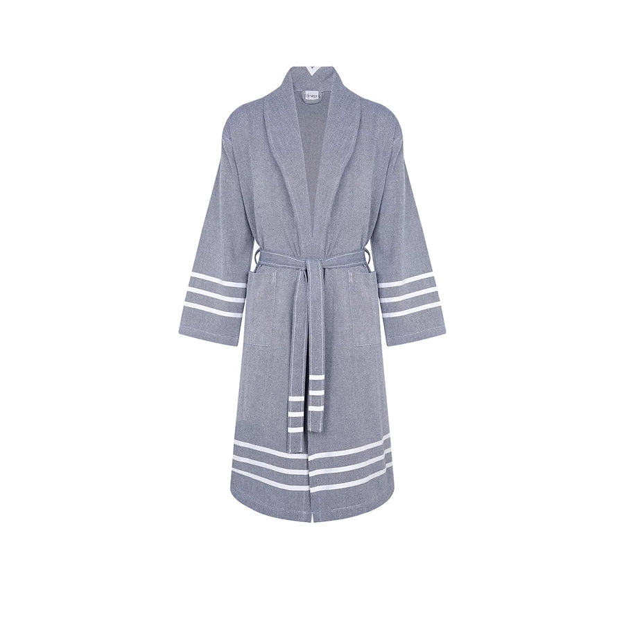 Acqua Bathrobe-Gray bathrobe with white stripes on a white background