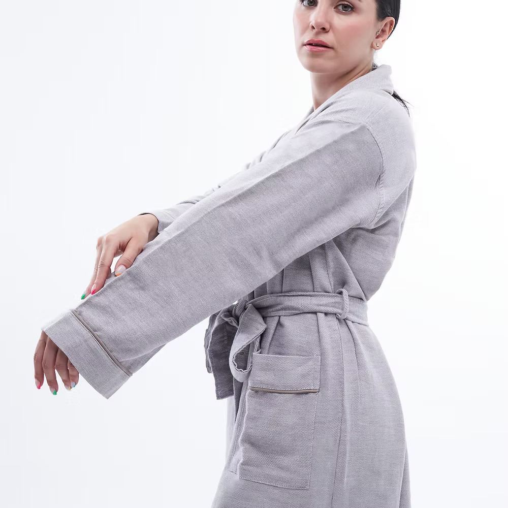 Acqua Bathrobe Men-Woman wearing a gray robe on a white background