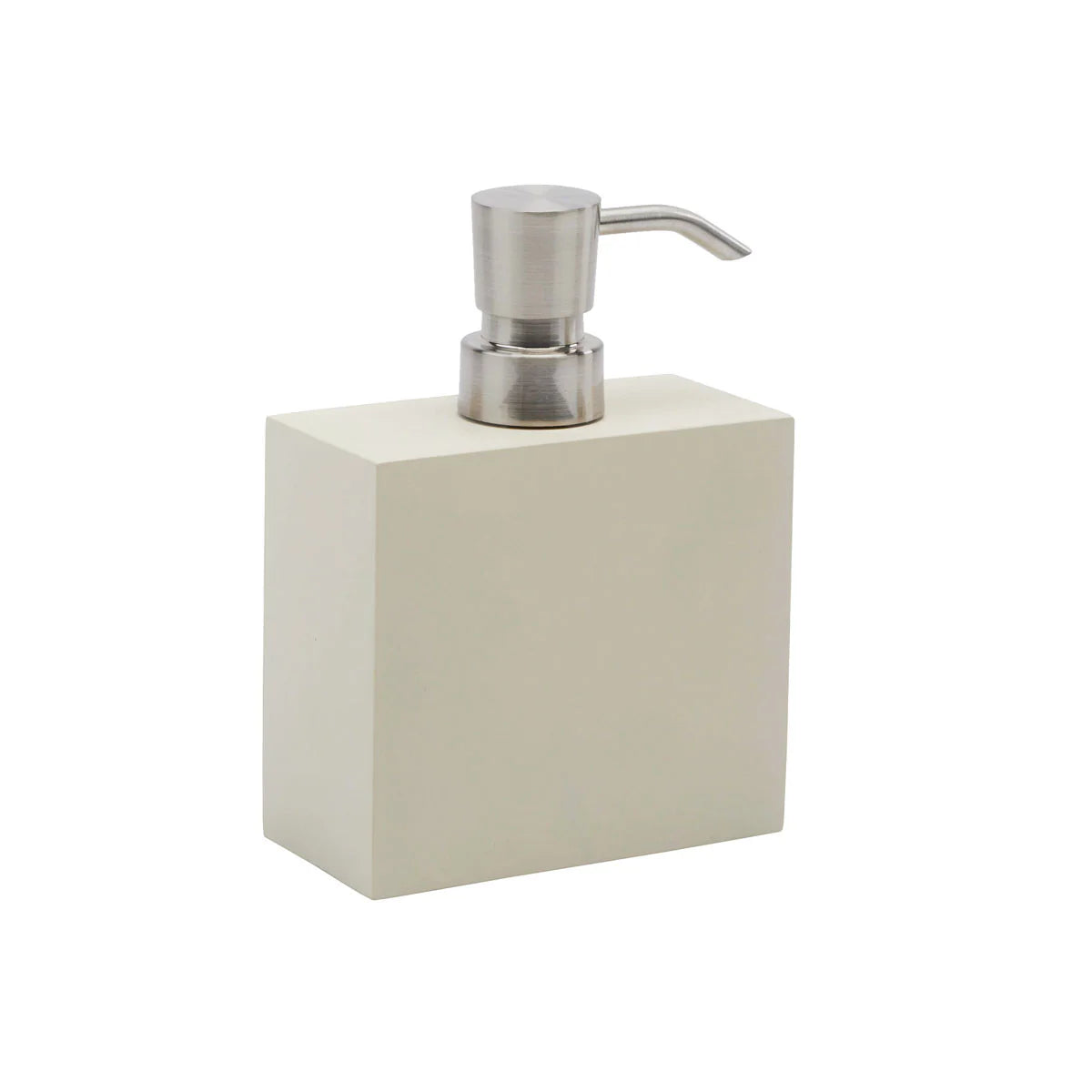 Aquanova Moon Soap dispenser-Beige soap dispenser with metallic pump on a white background