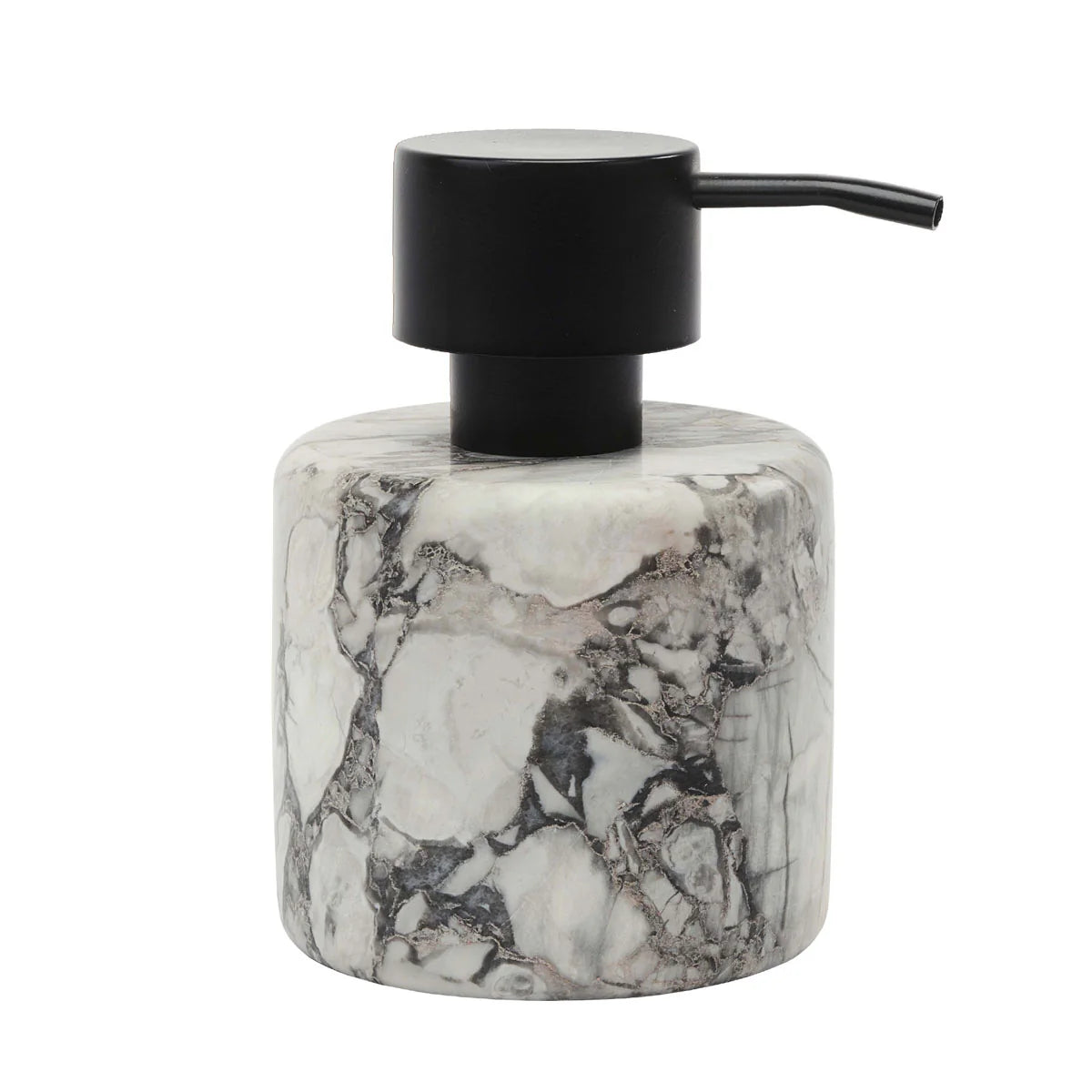 Aquanova Nero Soap dispenser-Marble-patterned soap dispenser with black pump on a white background
