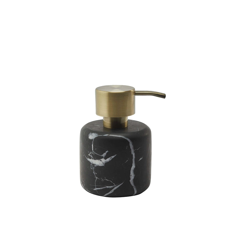 Aquanova Nero Soap dispenser-Black marble soap dispenser with brass pump on a white background