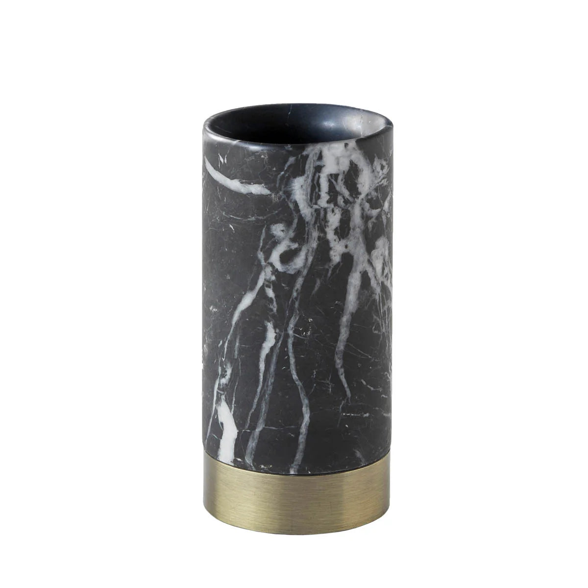 Aquanova Nero Toothbrush holder-Marble-patterned cylindrical container with brass base on a white background