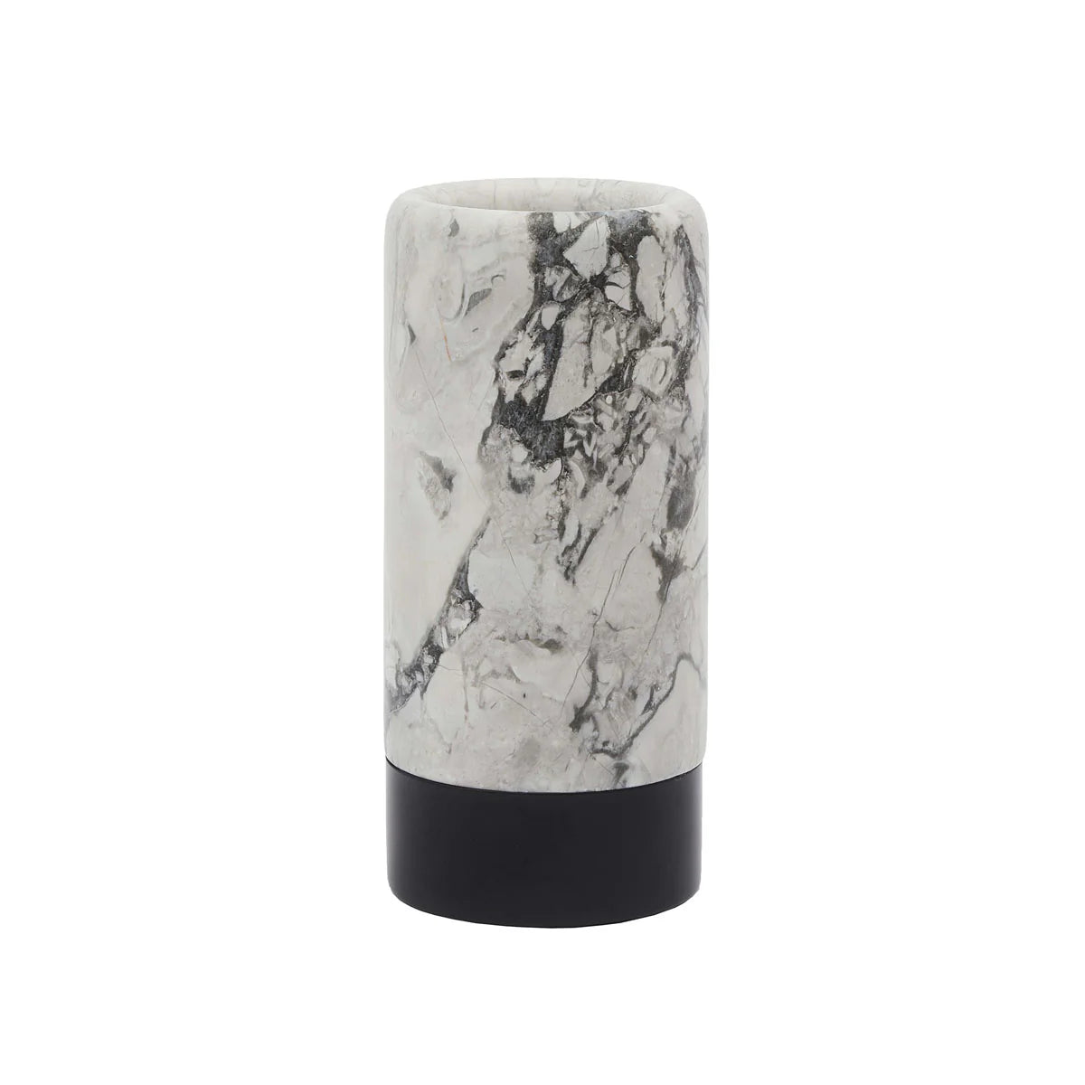Aquanova Nero Toothbrush holder-Marble-patterned cylindrical object with black base on a white background
