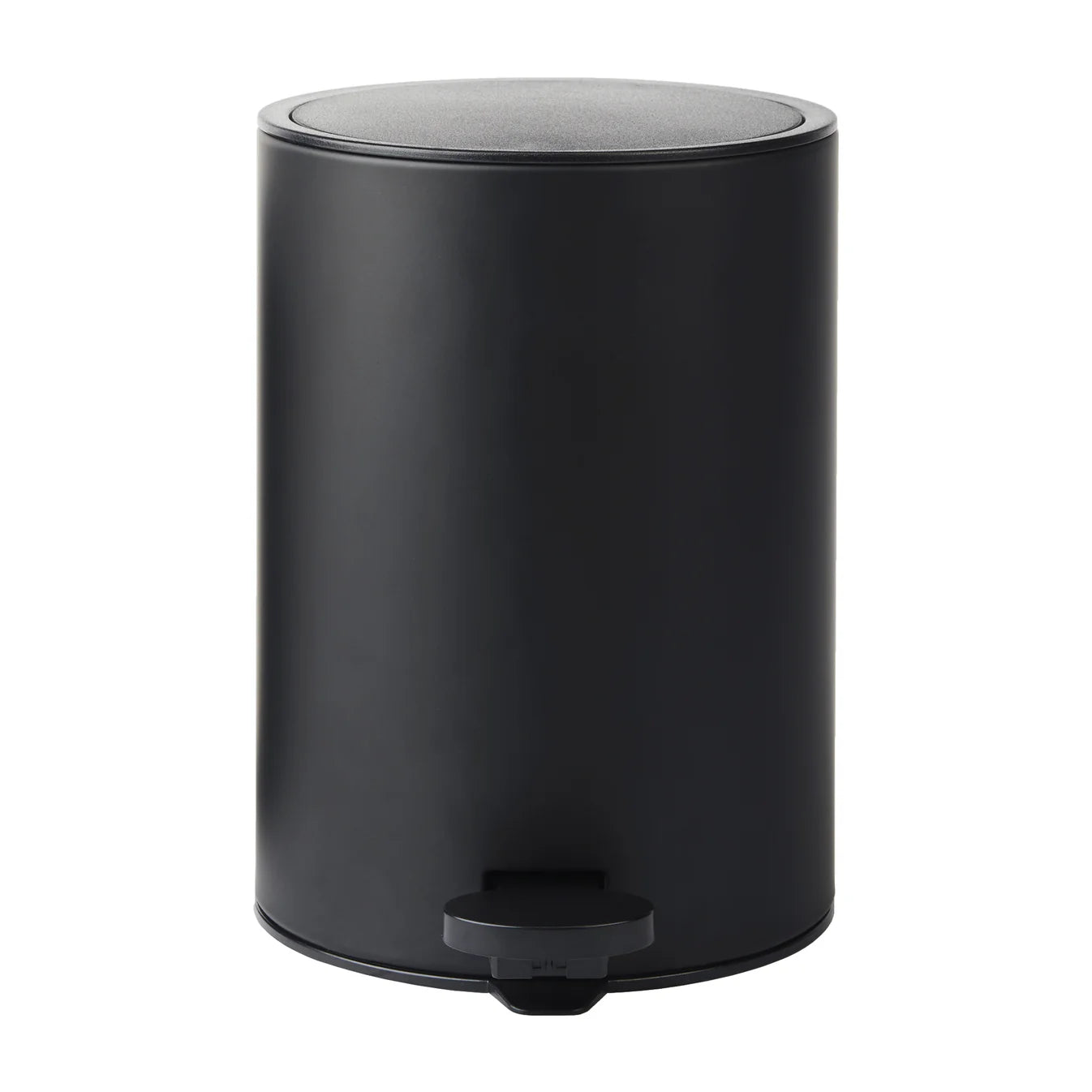 Black trash can with a step lid on a white background