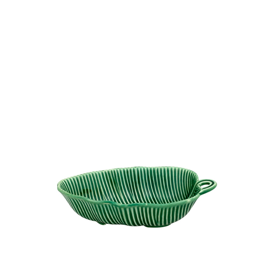 Bordallo Pinheiro Banana Leaf Bowl-Green ribbed serving dish on a white background