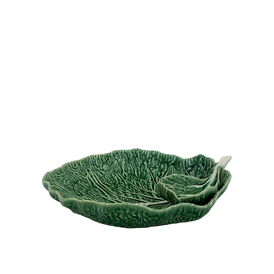 Bordallo Pinheiro Cabbage Chip & Dip Bowl-Green ceramic leaf-shaped dish on a white background