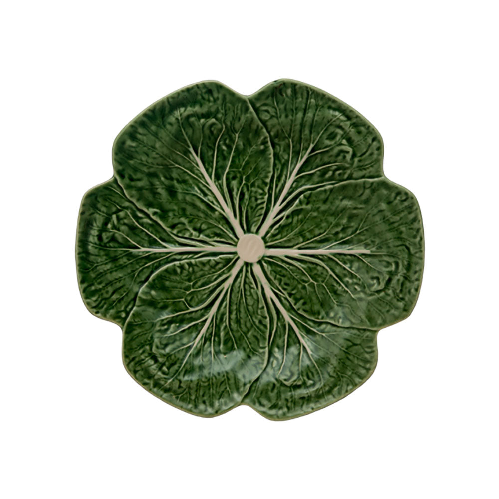 Bordallo Pinheiro Cabbage Dinner Plate-Green ceramic plate with leaf design on a white background