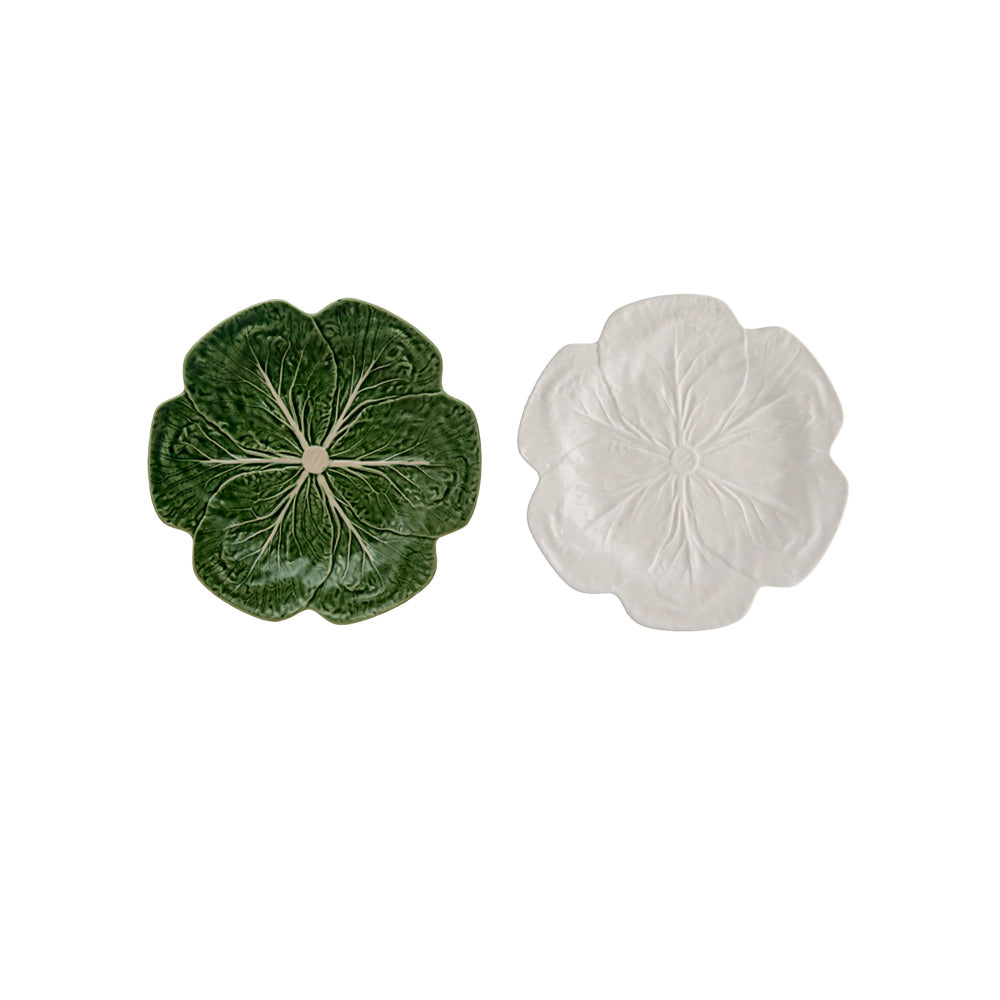 Bordallo Pinheiro Cabbage Dinner Plate-Two ceramic coasters, one green and one white, with leaf patterns on a white background.