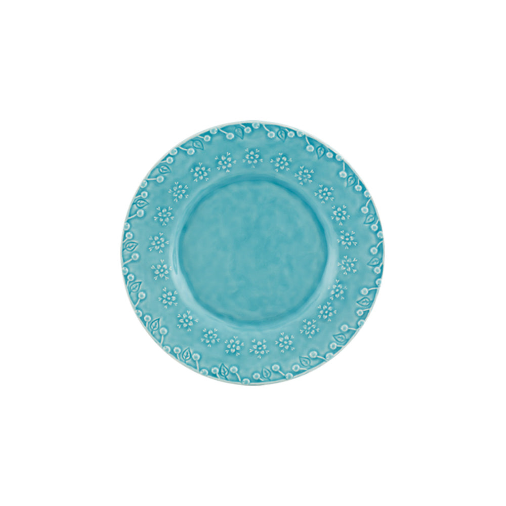 Bordallo Pinheiro Flora Dessert Plate-Turquoise ceramic plate with floral patterns on a white background