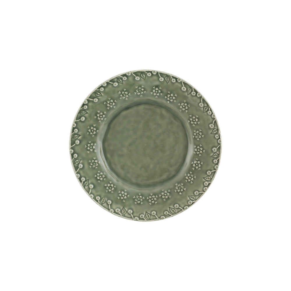 Bordallo Pinheiro Flora Dessert Plate-Green ceramic plate with floral patterns on a white background
