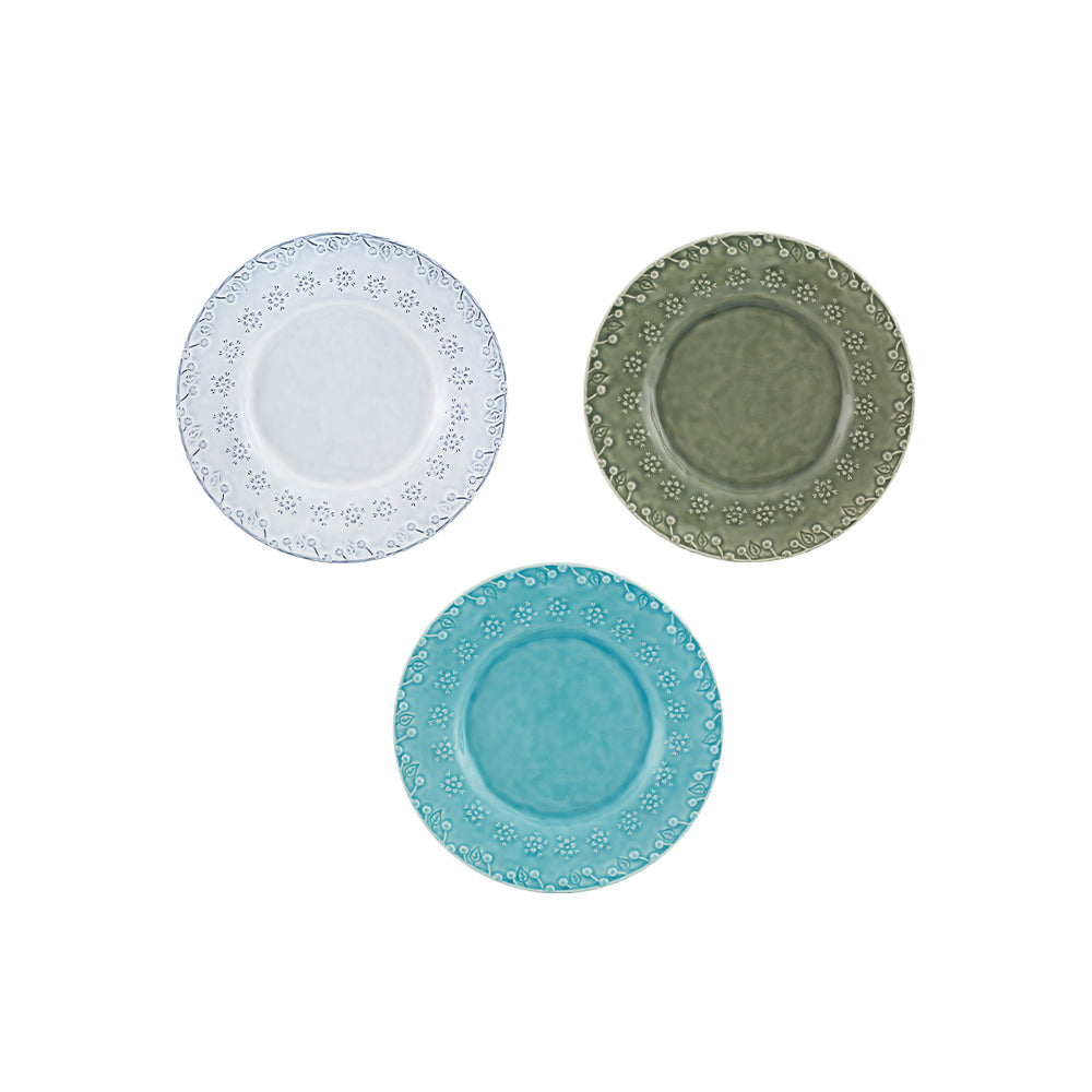 Bordallo Pinheiro Flora Dessert Plate-Three decorative plates in white, green, and blue on a white background