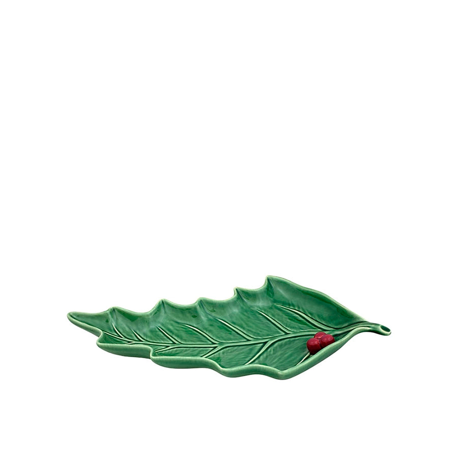 Bordallo Pinheiro Holly Leaf Platter-Green leaf-shaped ceramic plate with a red berry on a white background