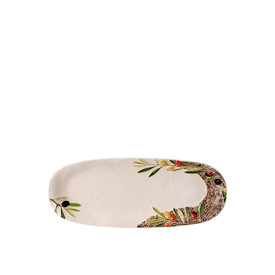 Bordallo Pinheiro Olival Platter-Decorative oval ceramic plate with olive and berry design on a white background