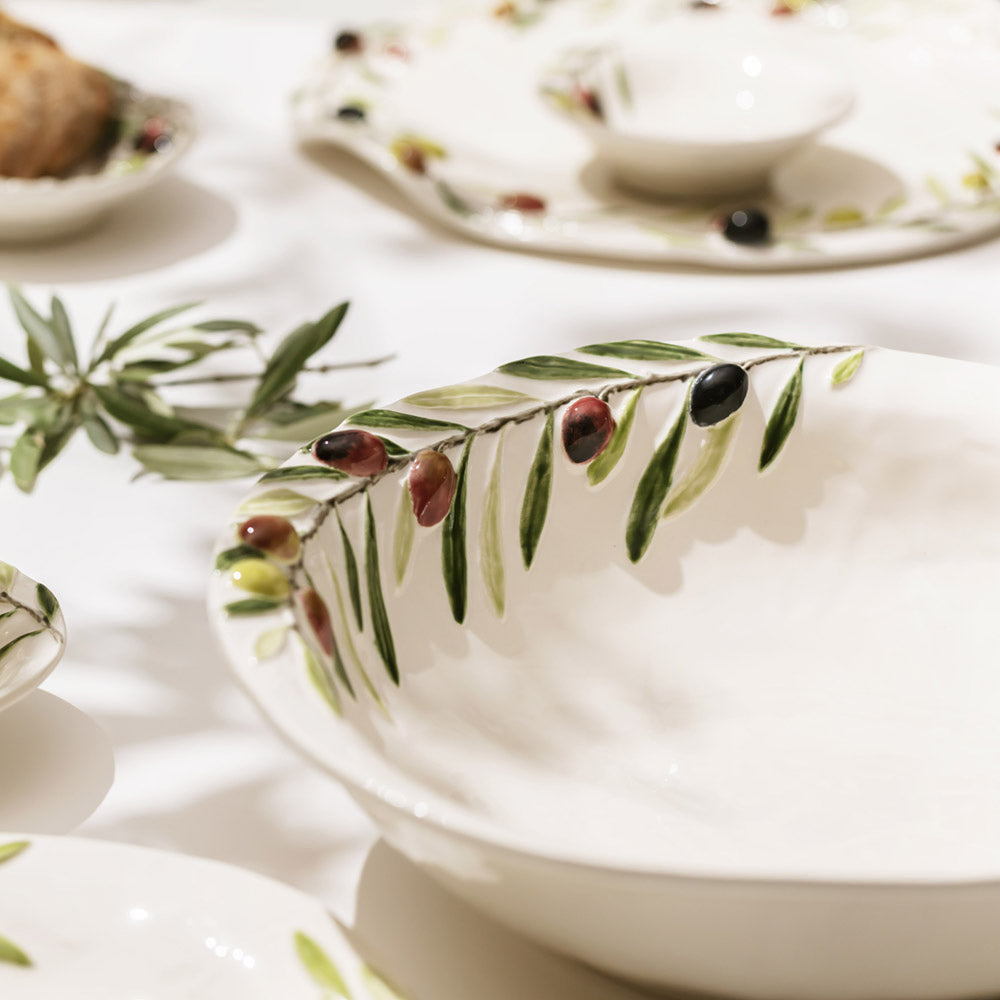 Bordallo Pinheiro Olival Salad Bowl-White ceramic dish with olive branch design on a white background
