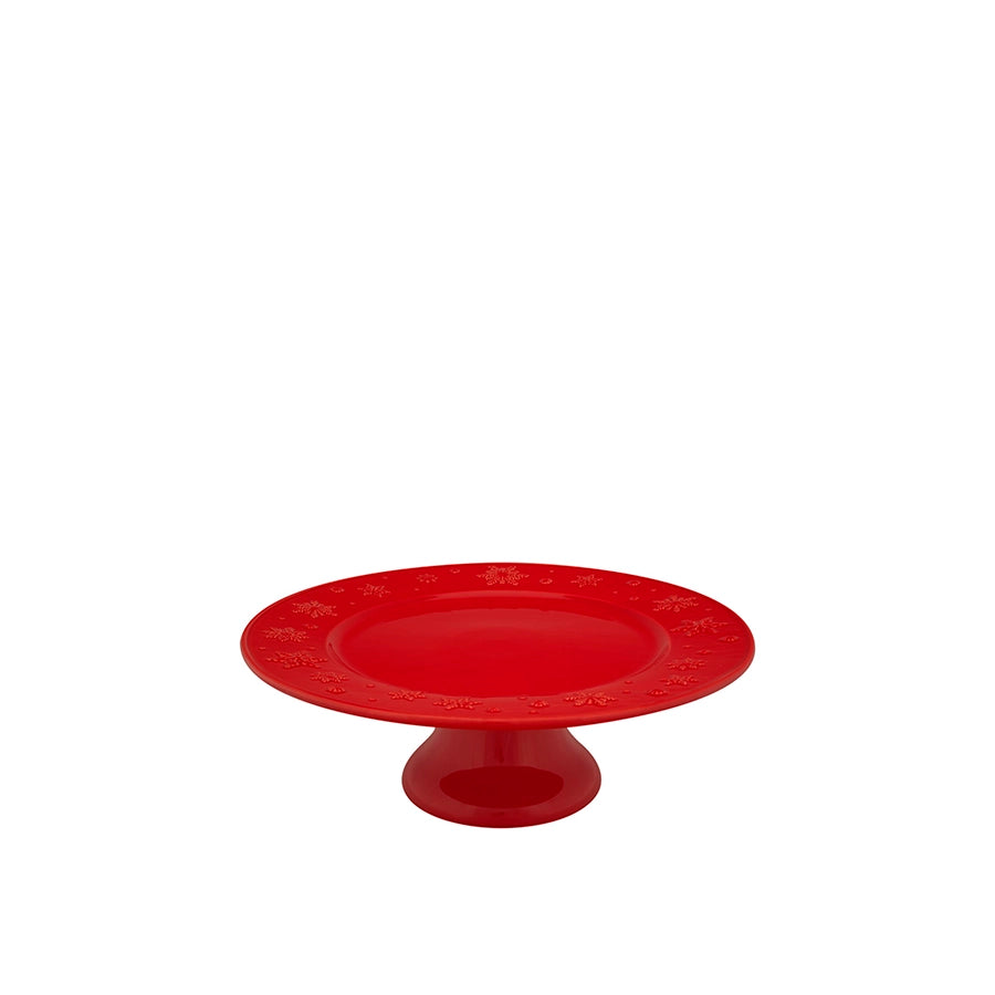 Bordallo Pinheiro Snowflakes Cake Stand-Red cake stand with decorative patterns on a white background