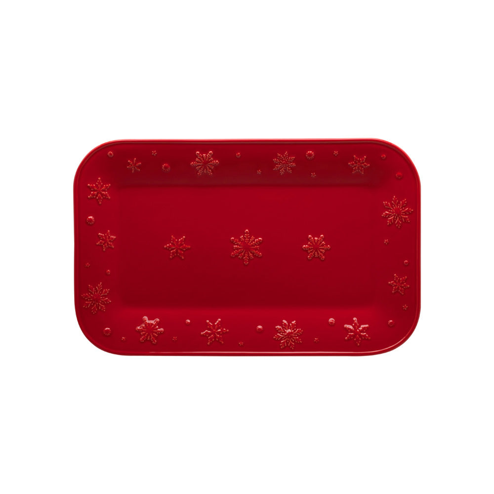Bordallo Pinheiro Snowflakes Platter-Red tray with snowflake patterns on a white background