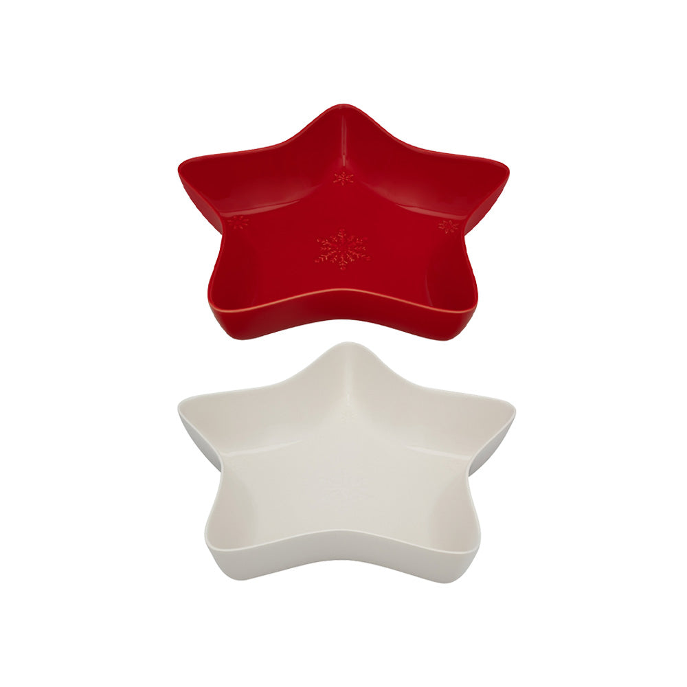 Bordallo Pinheiro Snowflakes Star Bowl, 37cm-Red and white star-shaped bowls on a white background