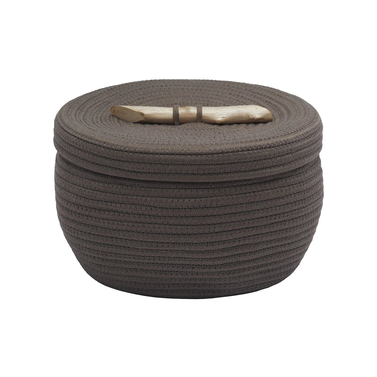 Brown woven ottoman with a wooden handle on a white background