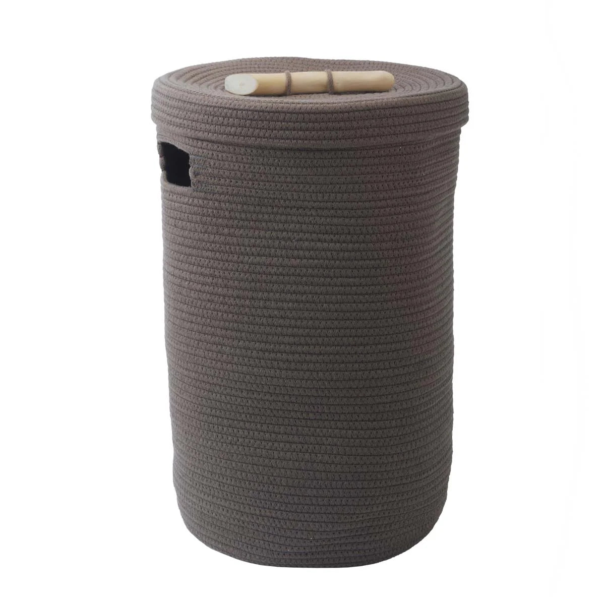 Brown woven basket with a handle on a white background