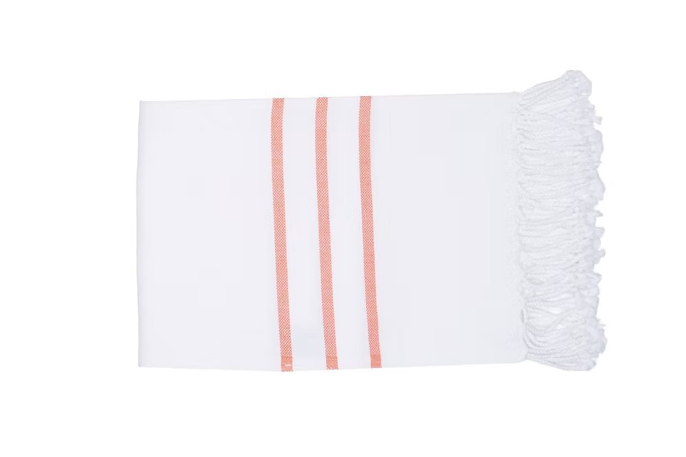 Coral Beach Towel-White towel with pink stripes on a white background