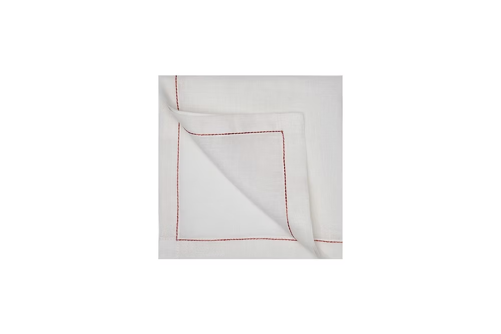 Doppia Linen Napkin Set of 4-White napkin with red stitching on a white background