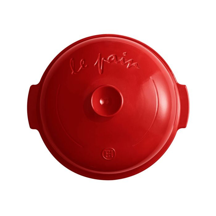 Emile Henry Bread Baker-Red lid with 'Le Pain' branding on a white background