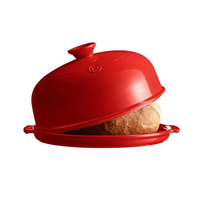 Emile Henry Bread Baker-Red butter dish with a lid on a white background