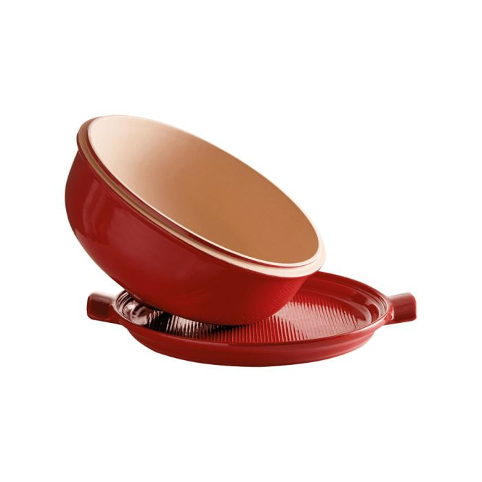 Emile Henry Bread Baker-Red and beige ceramic pot on a white background