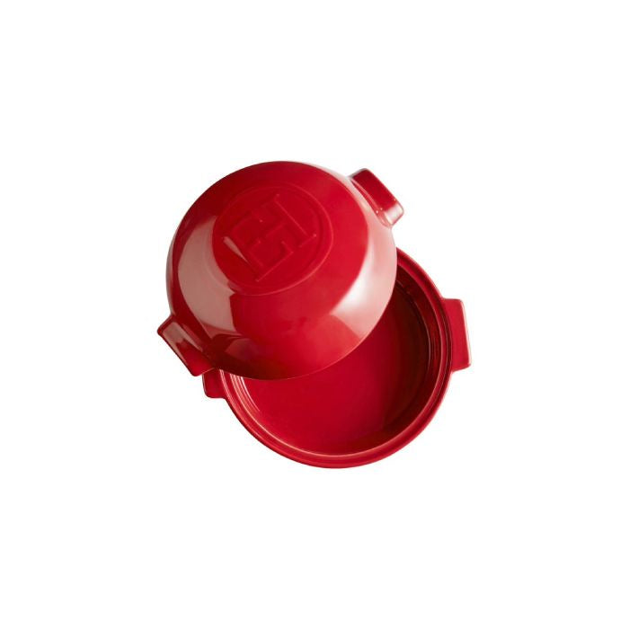 Emile Henry Cheese Baker-Red plastic container with lid on a white background