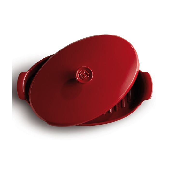 Emile Henry Covered Fish Steamer-Red kitchen tool with a lid on a white background
