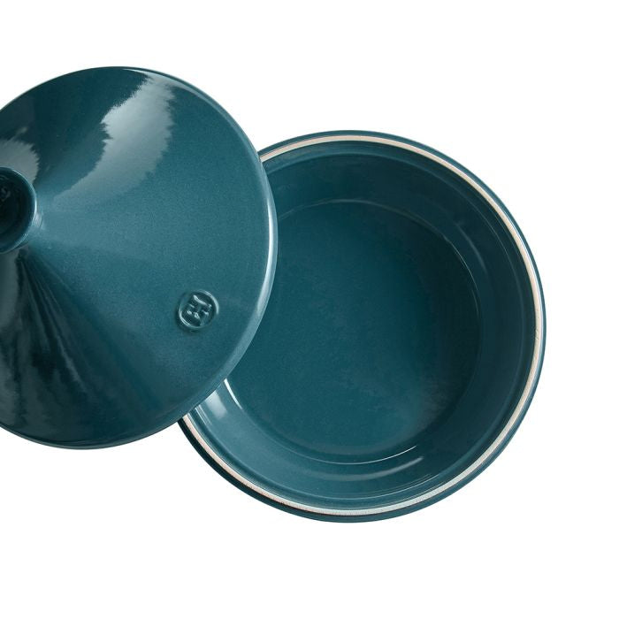 Emile Henry Flame Tagine-Teal ceramic pot with lid on a white background