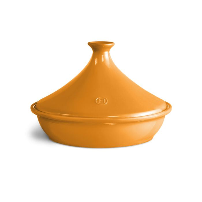 Emile Henry Flame Tagine-Orange ceramic tagine pot on a white background