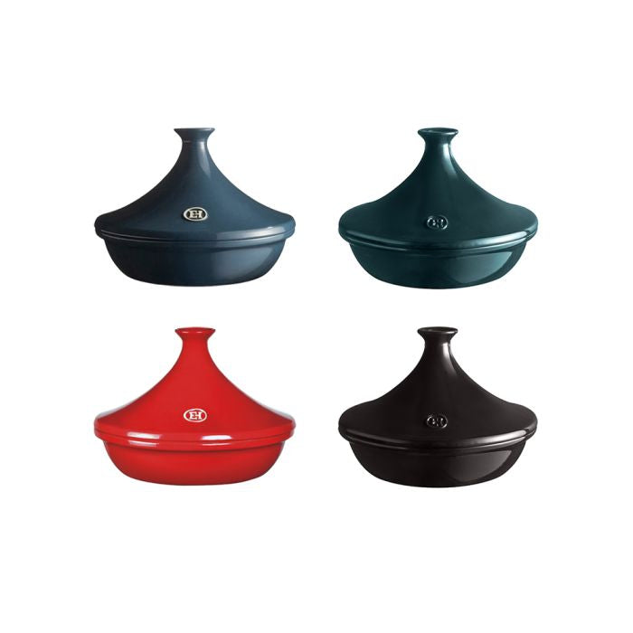 Emile Henry Flame Tagine-Four colorful tagine cookware on a white background