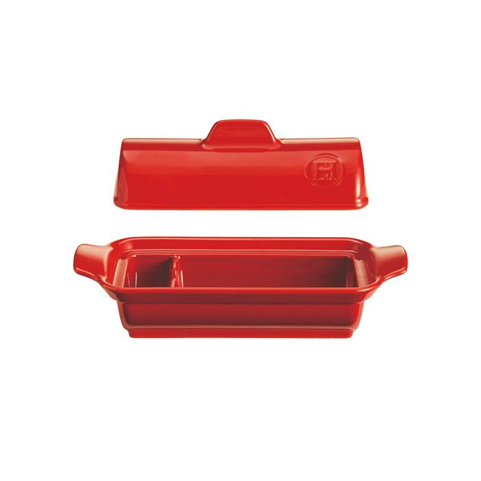 Emile Henry Foie Gras Medallion Terrine-Red ceramic baking dish with lid on a white background