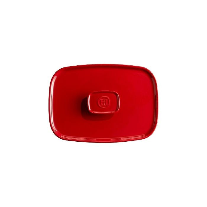 Emile Henry Lid For Oven Dish, Medium-Red rectangular container lid with a logo on a white background