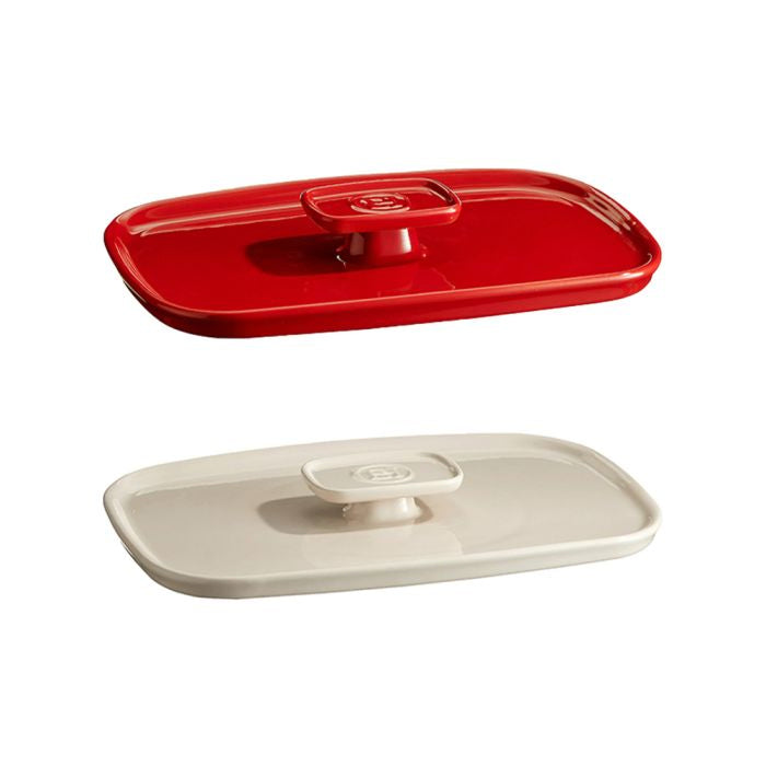 Emile Henry Lid For Oven Dish, Medium-Red and beige ceramic dish with lids on a white background