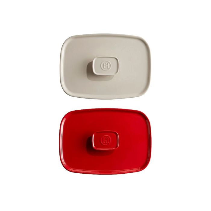 Emile Henry Lid For Oven Dish, Medium-Two rectangular objects, one beige and one red, with a brand logo on a white background.