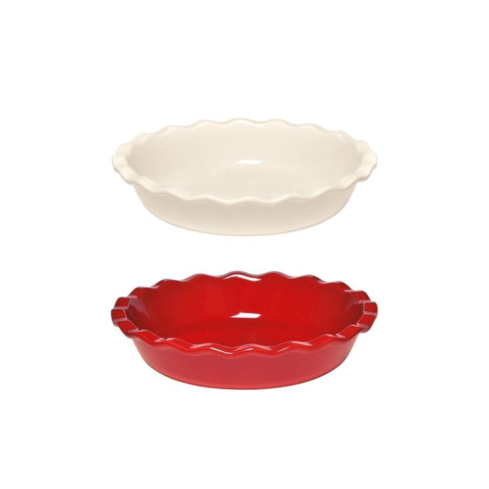 Emile Henry Pie Dish, 26cm-White and red ceramic pie dishes on a white background