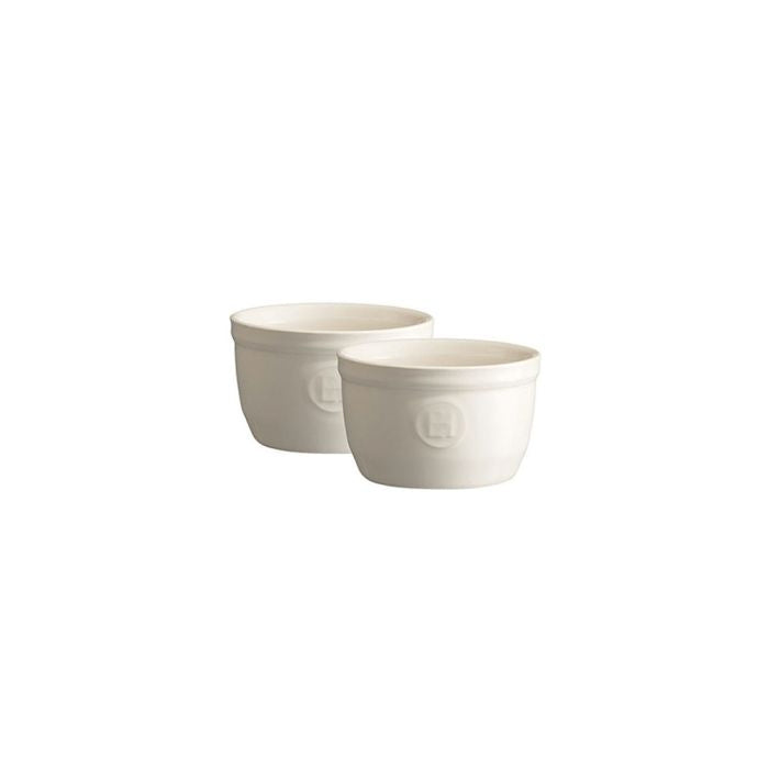 Emile Henry Ramekins, Set of 2-Two white ceramic bowls with a logo on a white background