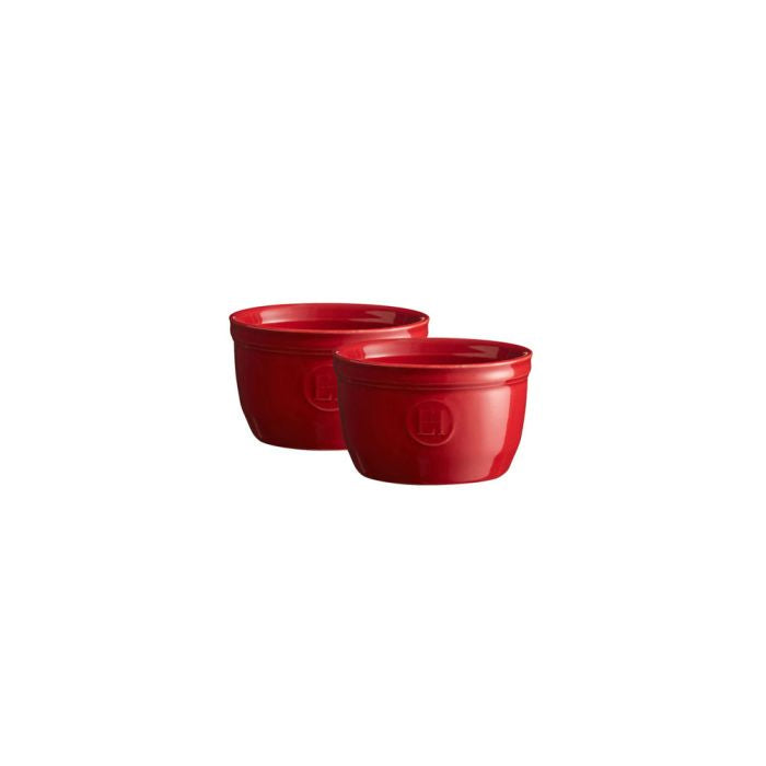 Emile Henry Ramekins, Set of 2-Two red bowls on a white background