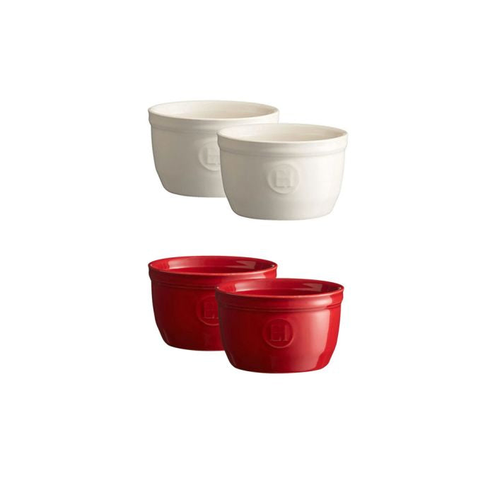 Emile Henry Ramekins, Set of 2-Two white bowls and two red bowls with a logo on a white background