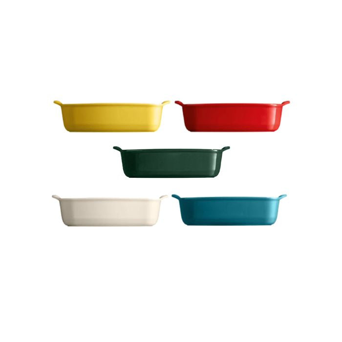 Emile Henry Rectangular Oven Dish-Five colorful baking dishes in yellow, red, green, white, and blue on a white background.