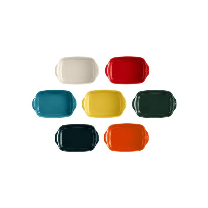 Emile Henry Rectangular Oven Dish-Set of colorful rectangular plates on a white background