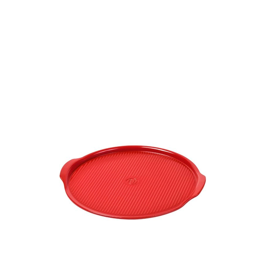 Emile Henry Ridged Pizza Stone, 40cm-Red round grill pan on a white background