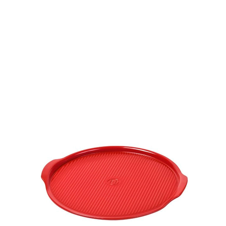 Emile Henry Ridged Pizza Stone, 40cm-Red round grill pan on a white background