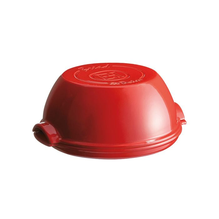 Emile Henry Round Bread Baker-Red plastic container with a lid on a white background