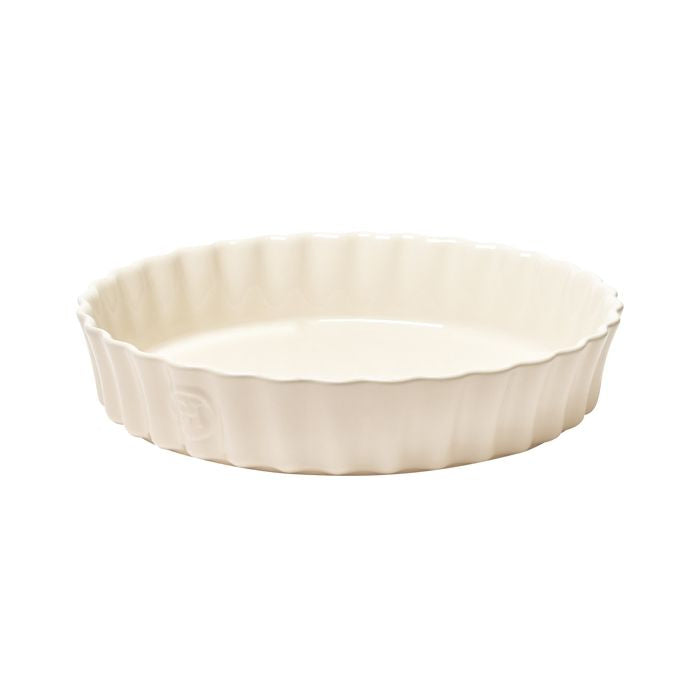 Emile Henry Round Tart Dish, 28 cm-Beige ceramic pie dish on a white background