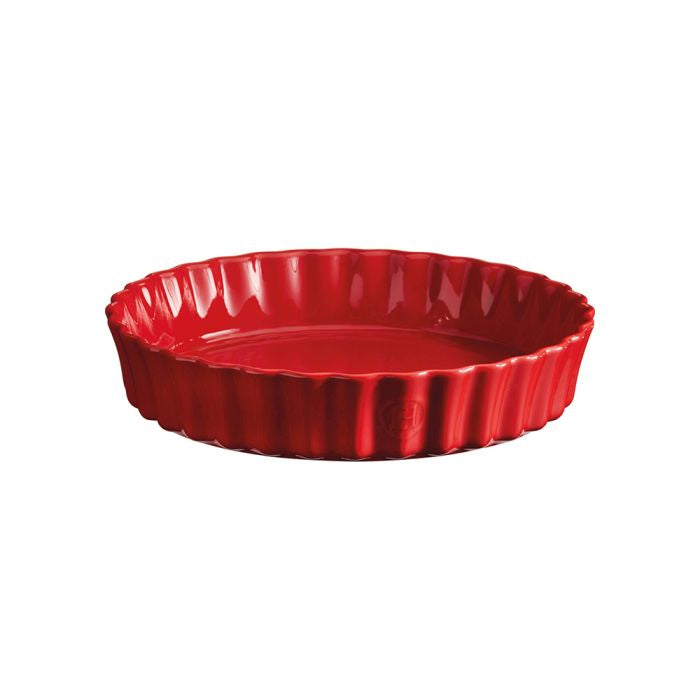 Emile Henry Round Tart Dish, 28 cm-Red ceramic flan dish on a white background